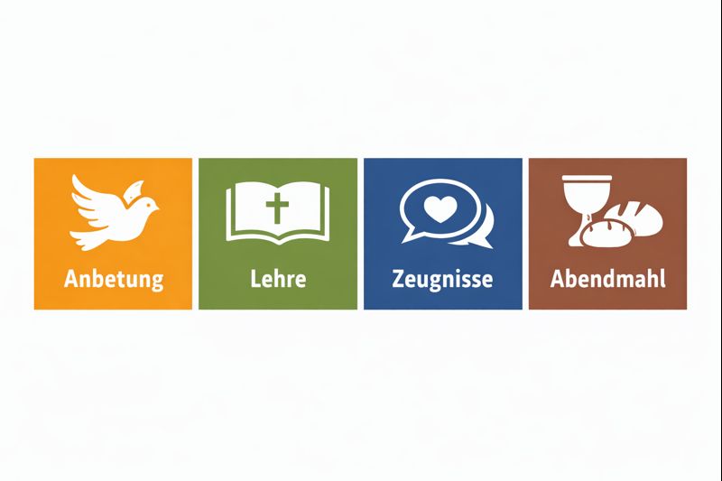 Säulen des Gottesdienst Grafik mit vier gleich großen Feldern: Anbetung, Lehre, Zeugnisse und Abendmahl, dargestellt durch Symbole.